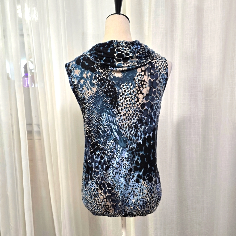 2/$30 August Silk Blue Leopard Print Sleeveless Cowl Neck Womens Blouse Size L - Picture 5 of 11
